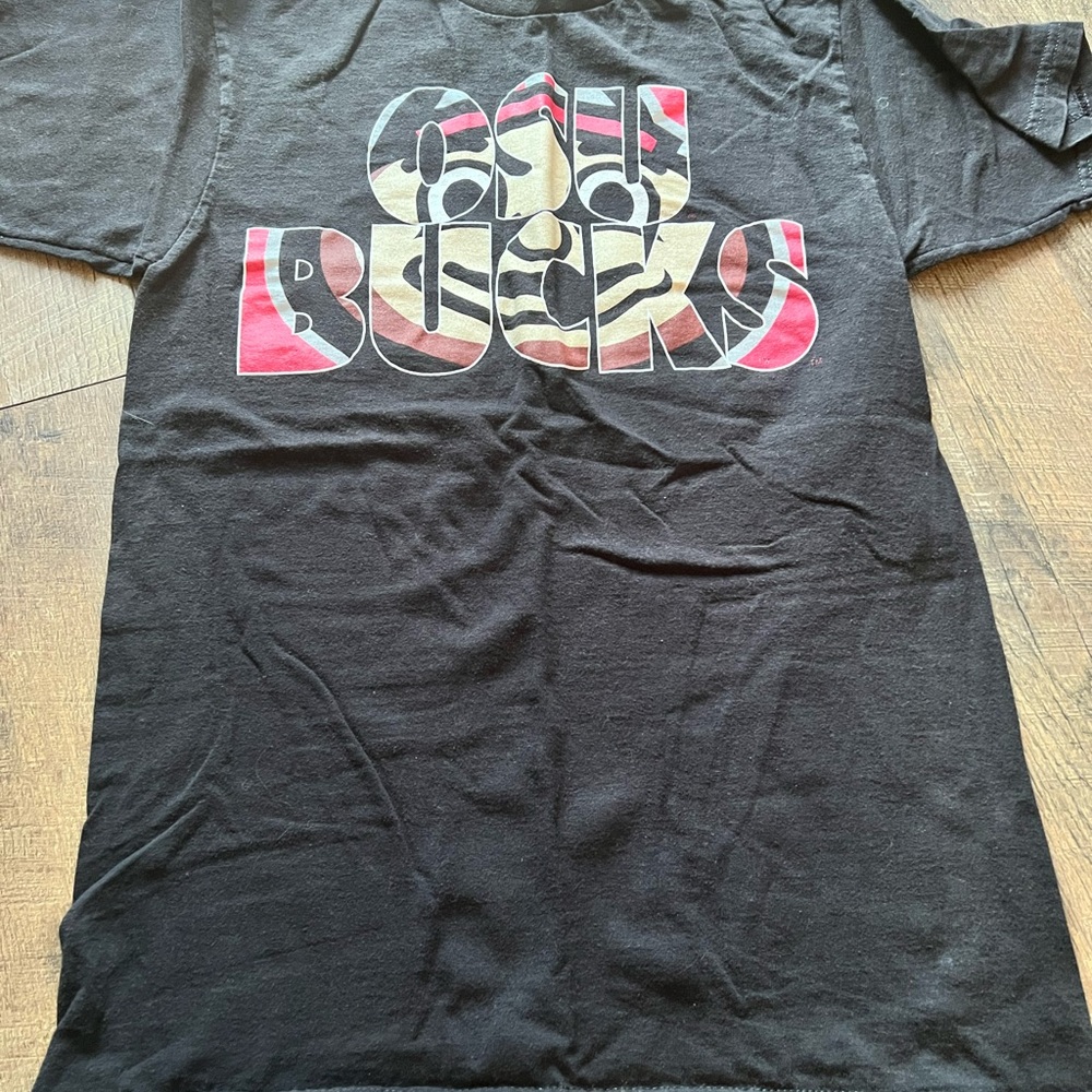Black Graphic T-Shirt with Red and Tan Design